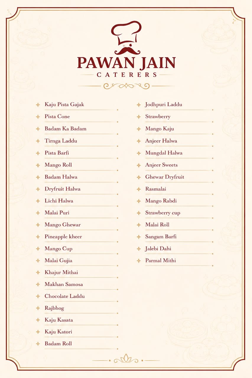 Pawan Jain Caterers printed menu card — sweets and mithai