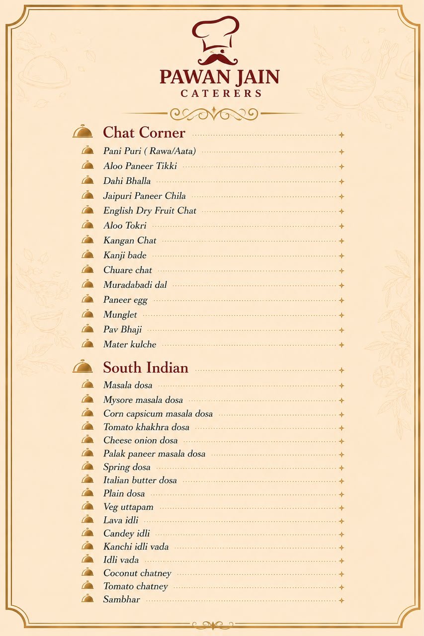 Printed menu card — chaat corner and South Indian