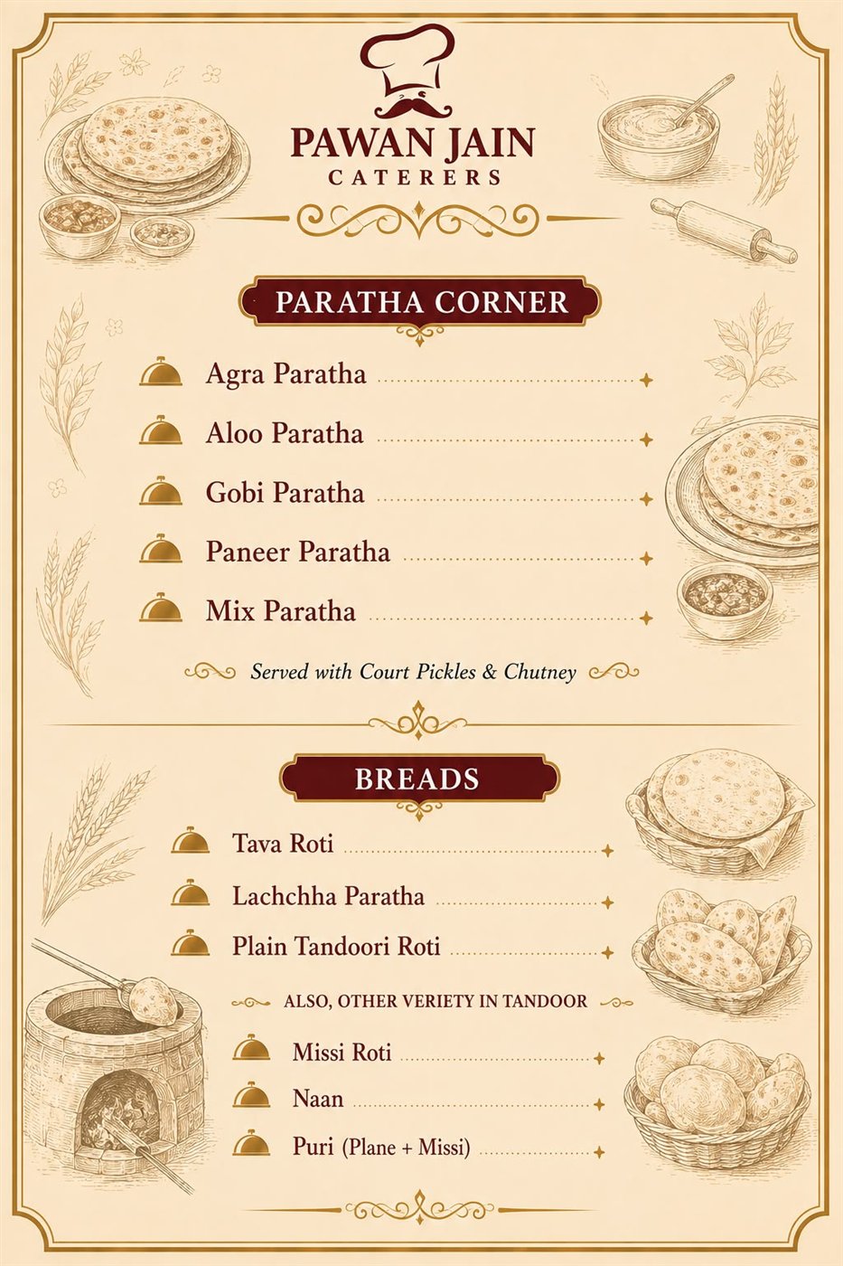 Printed menu card — paratha corner and breads