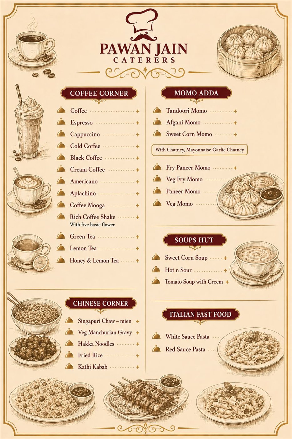 Printed menu card — coffee corner, momo adda, Chinese and soups