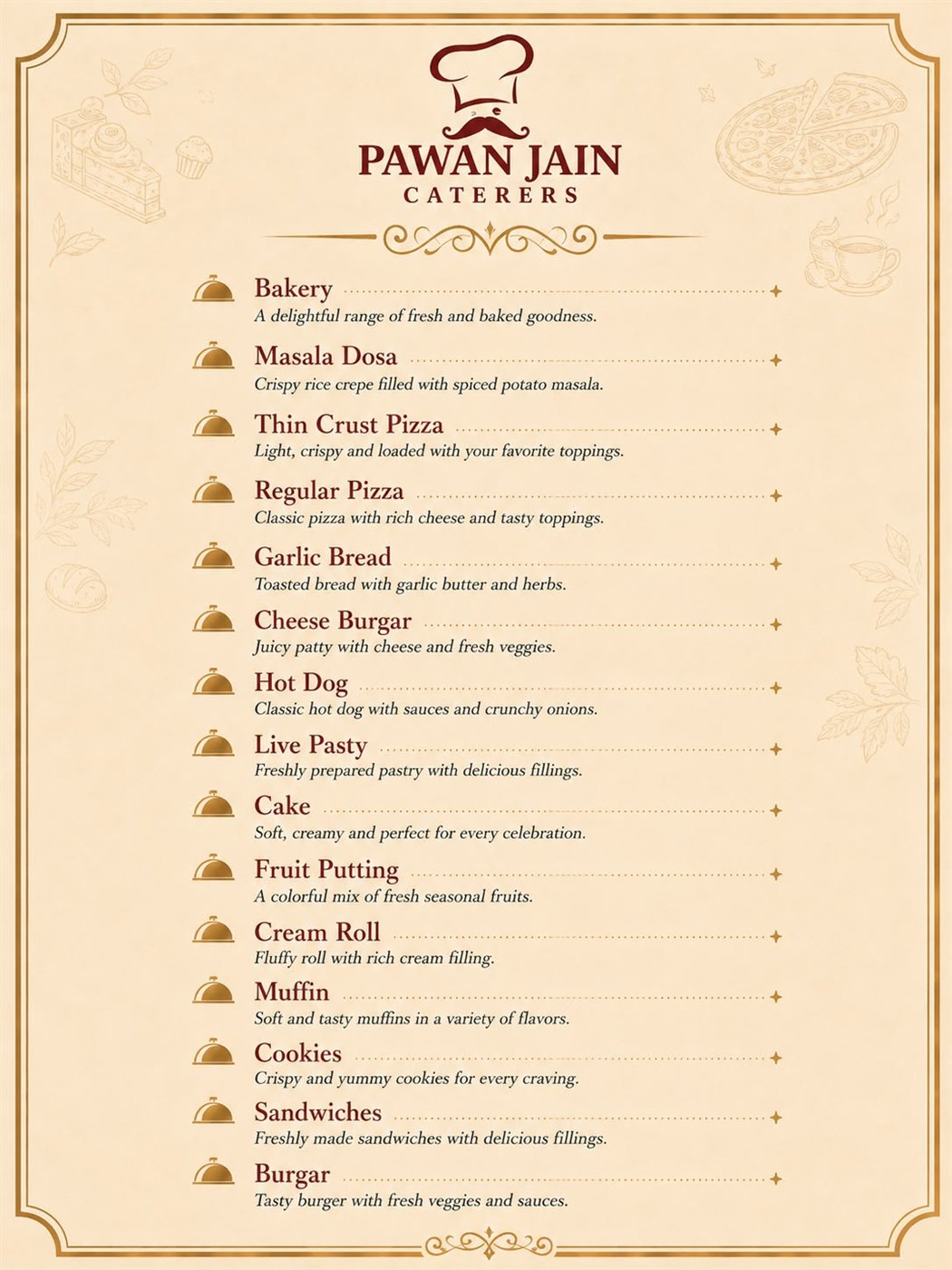 Printed menu card — bakery and fast food
