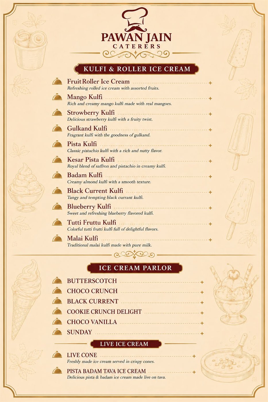 Printed menu card — kulfi and ice cream