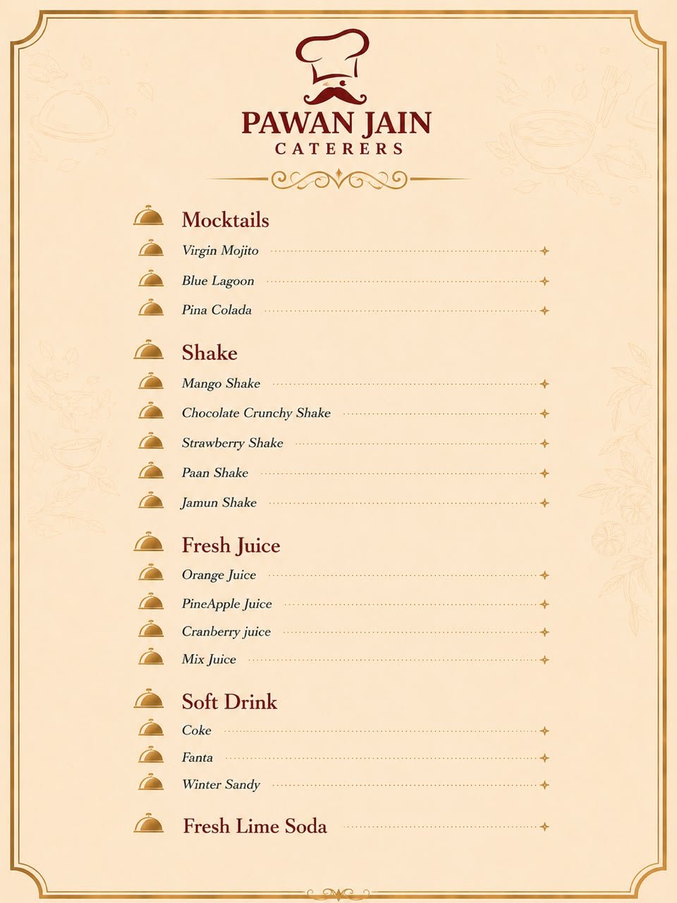 Printed menu card — mocktails, shakes and juices