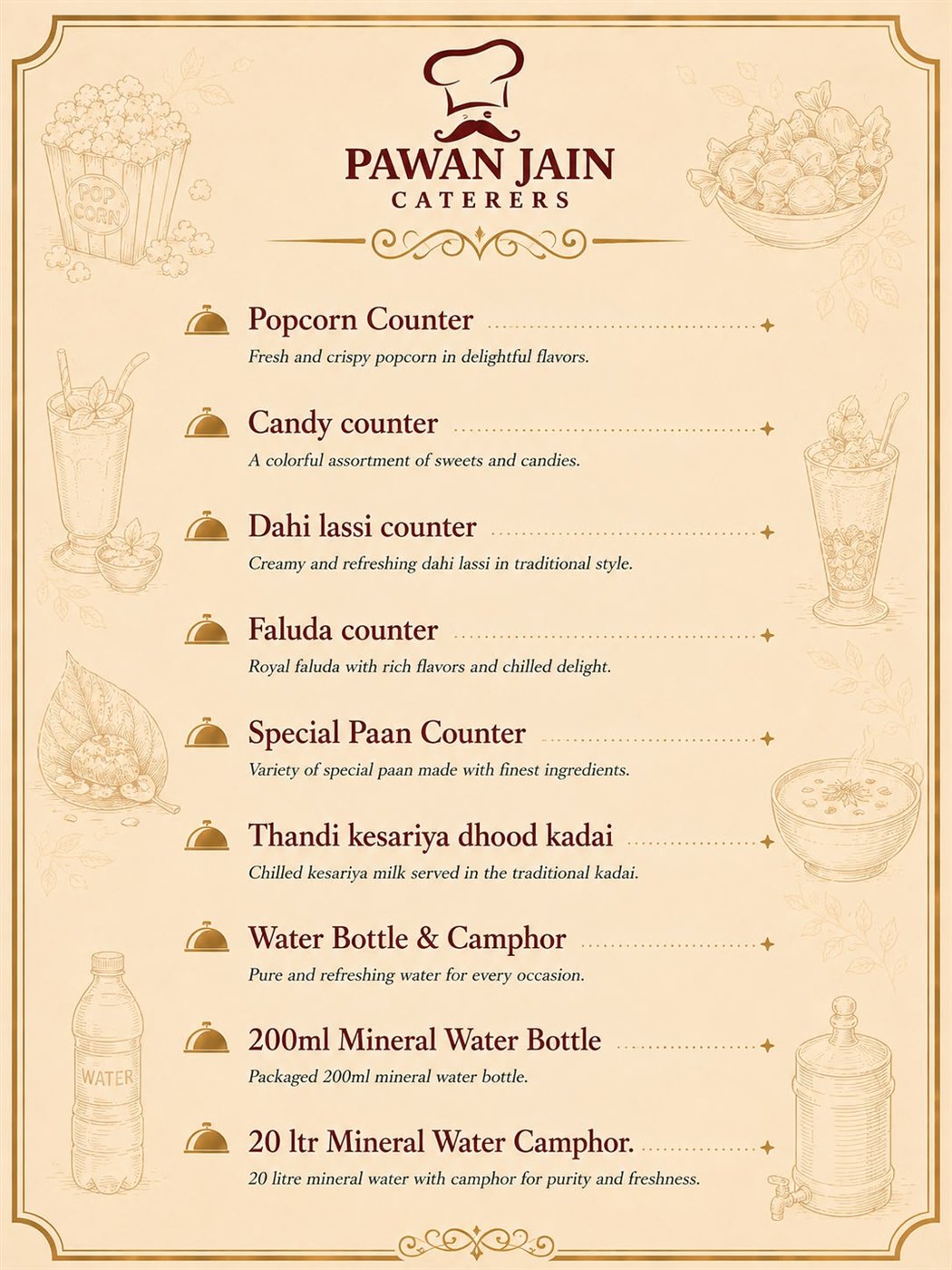 Printed menu card — popcorn, candy, paan and water counters